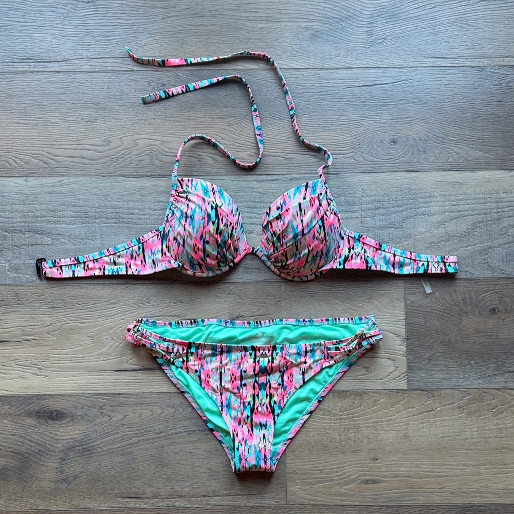 Shade & Shore Pink and Mint Printed Bikini Set